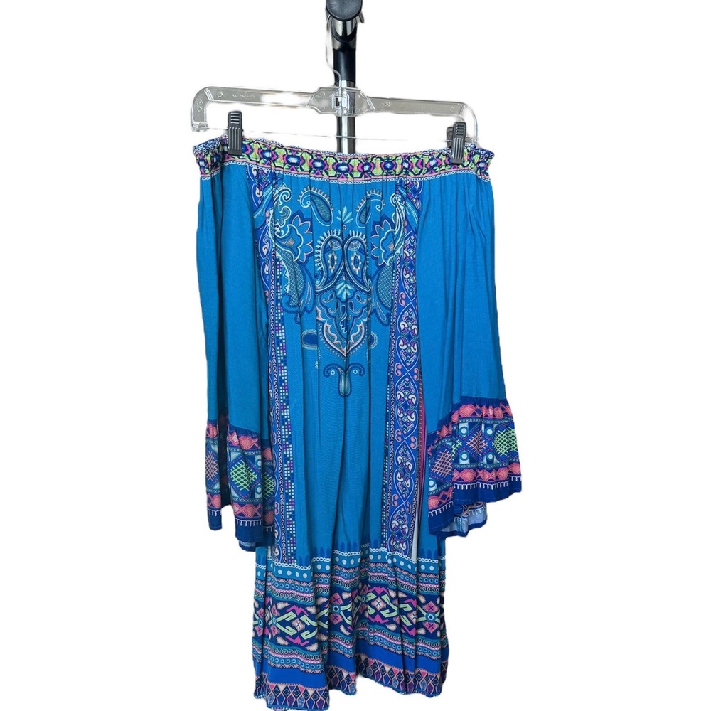 Flying Tomato Boho Off The Shoulder Bell Sleeve Dress Blue Size S